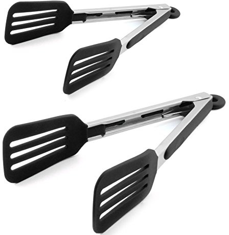 STARUBY Cooking Tongs 9 inches and 12 inches Stainless Steel Kitchen Silicone Serving Tong Heat Resistant Meat Turner Spatula Tongs with Locking Handle Joint