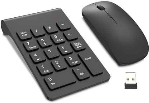 TRELC Wireless Numeric Keypad, Mini 2.4G 18 Keys Number Pad, Portable Silent Financial Accounting Numeric Keypad Keyboard Extensions with Wireless Mouse for Laptop, PC, Desktop, Notebook(Black)