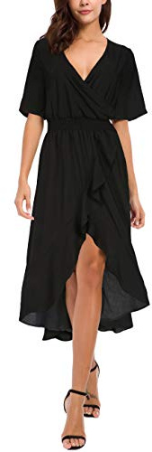 Kormei Womens Short Sleeve Floral Maxi Dress High Low V-Neck Flowy Party Long Dresses L Black