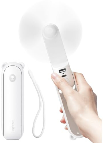 JISULIFE Handheld Fan with 4500 mAh Powerbank Max 37 Hours Runtime, Pocket Portable Battery Operated or USB Powered Folding Personal Fan, 3 Speeds, Gifts for Women Men Kids Gift for Festival-White