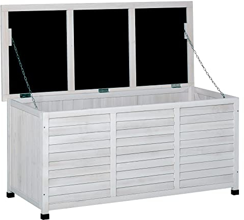 Outsunny Panca Contenitore in Legno di Abete, Cassapanca da Esterno con Piedini Antiscivolo 127x56x60cm, Bianco