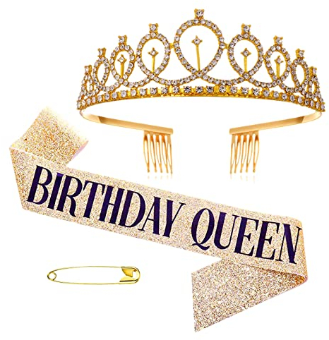 YOUDALIS Birthday Sash and Crown,Golden Crystal Tiara Crown and Queen Sash,Party Gifts Set for Women Birthday Celebration Supplies Decorations
