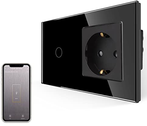 JIMEIDA Smart Lichtschalter mit Steckdose Unterputz, Wlan Touch Lichtschalter Kompatibel mit Alexa und Google Home, APP-Steuerung, Normale Schuko Steckdose in Schwarz Glas, LED-Status, 1- Fach