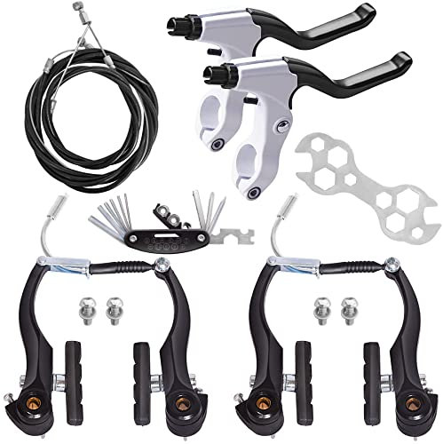 Gashwer Juego completo de frenos de bicicleta, freno universal delantero y trasero de MTB, kit de palanca de cables de pinza interior y exterior con llaves multiherramienta, color negro y blanco