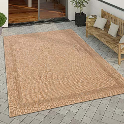 Paco Home Outdoor Teppich wetterfest & pflegeleicht Flachgewebe in Sisal-Optik mit Bordüre UV-beständig Modern für Balkon, Terrasse, Garten, Wohnzimmer, Grösse:140x200 cm, Farbe:Beige