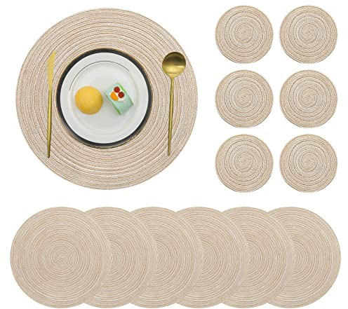 Pauwer Woven Table Placemats and Coaster sets 6, Round Cotton Dinner Table Mats Anti Slip Heat Resistant Place Mats Easy Clean