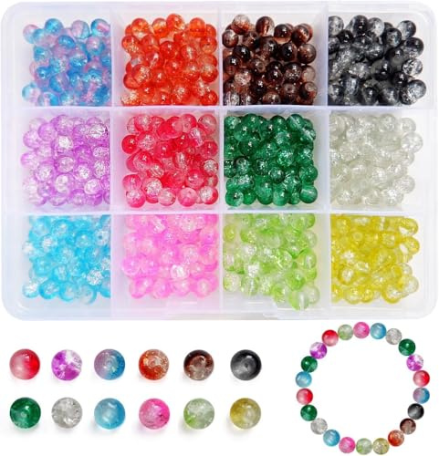 TRUEIN 540 glaspärlor för gängning 6 mm, crackle glaspärlor set, glaspärlor rund för pyssel ädelsten, 12 färger pärlor glas färgglada med hål för halsband armband smyckestillverkning gör-det-själv