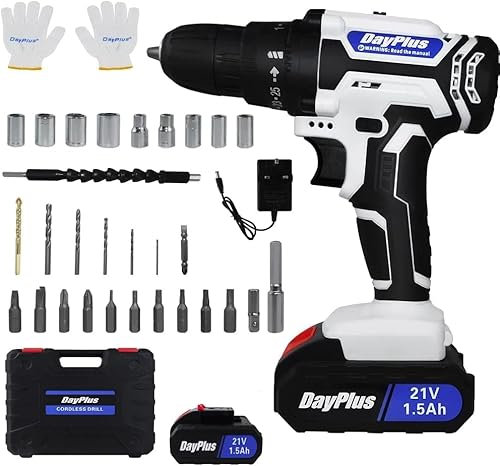 Cordless Power Drill Set Electric Screwdriver Drill Set with 2-Variable Speed, 25+1 Torque with Led Light,21V Li-ion Battery&Fast Charger,3/8 Keyless Chuck Driver Tool with 26PCS Drill Bits,1 Kitbox
