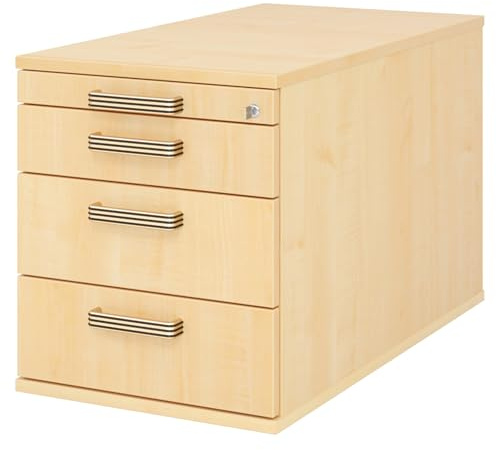bümö Rollcontainer mit Schubladen, Container abschließbar aus Holz in Ahorn - Rollwagen für's Büro als Schreibtisch Unterschrank, Bürocontainer od. Schreibtischcontainer mit Streifengriffe