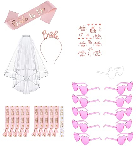 Lecone JGA Accessoires Frauen Junggesellenabschied Frauen Deko 26 Stück JGA Brille Team Braut Armbänder,Bride to Be Herz Brille Set,Sonnenbrille Bride Tattoo Aufkleber Bride Armband