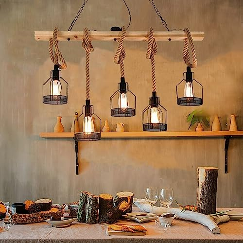 FWX Pendelleuchte Vintage E27*5 Esstischlampe Holz Kronleuchter Höhenverstellbar Hängelampe Hanfseil DIY Verstellbare Hängeleuchte Industrial Retro Eisen Pendelampe Wohnzimmer Küche Bar Deckenleuchte