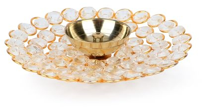 Handgefertigte Messing-Akhand-Diya-Öllampe mit funkelnden Kristall-Akzenten für Zuhause, Büro, Puja-Dekoration, Diwali-Dekoration (Rund groß)