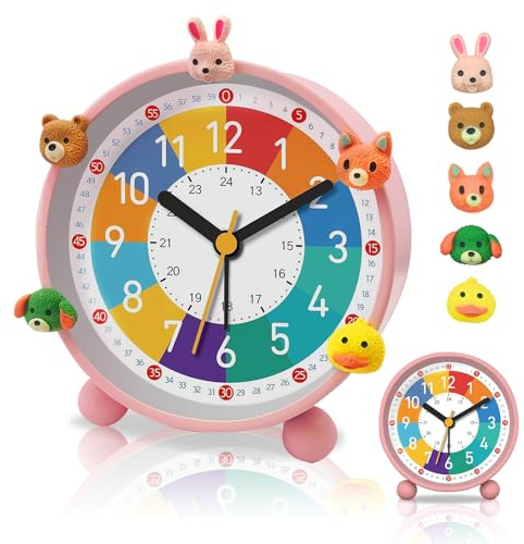 PIXESTT Reveil Enfant, Reveil Enfant Educatif Jour/Nuit IdéAl Pour êTre à L’Heure à L'ÉCole, Sans Bruit De Tic-Tac Avec Fonction Snooze Et Veilleuse, Livré Avec 5 Adorables DéCorations De RéVeil Rose.
