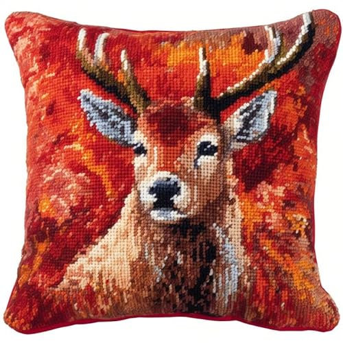 Floral Deer Latch Hook Kits Pillow DIY Rug Crochet Hook Rug Cushion Making Kits with Preprinted Pattern Canvas Easy Starter Christmas Adorment Hooking DIY Kits 43x43cm(d136)