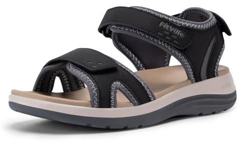 FitVille Sandales Femmes à Largeur Extra Sandales d'été Confortables et Légères, Idéales pour Pieds Larges Noir 42 EU Large