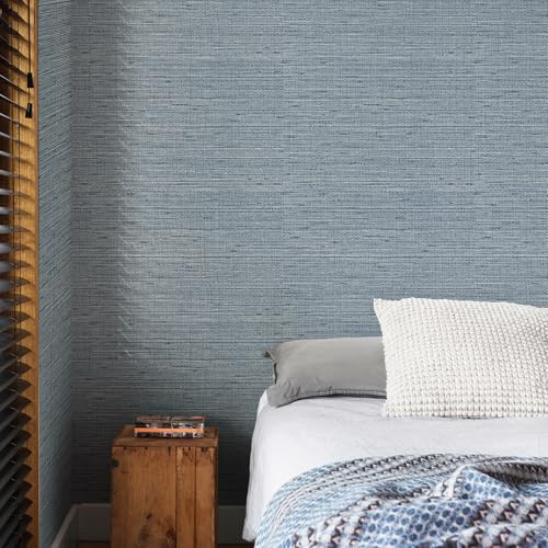 Simon&Siff Grey Blue Textured Grasscloth Peel and Stick Wallpaper 17.7x394 Faux Grassweave Wallpaper Waterproof Self Adhesive Removable Wallpaper Mural for Home Decor Bedroom Kitchen Cabinet
