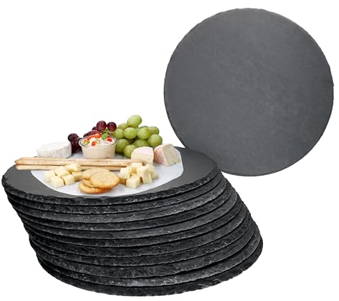 MamboCat Set di 12 piatti rotondi in ardesia, Ø 30 cm, piatti da portata nero, piatti per sushi con bordo di rottura rustico, ideali per pizza o come piatto per formaggi, salumi o antipasti