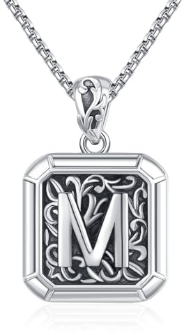 REDSUN Buchstabe Kette 925 Sterling Silber Buchstabe M Halskette Retro Oxidation Stil Anhänger Initiale Halskette Amulett Schmuck for Men Friend Brother Women