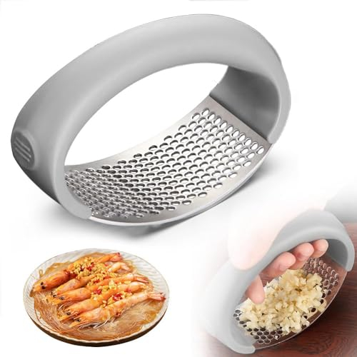 Presse-Ail à Bascule en Acier Inoxydable 2024, Appareil de Cuisine avec Éplucheur d'Ail en SiliconeMoulin à Ail et Coupe-Ail à Bascule - Design Élégant en Acier Inoxydable (gris)