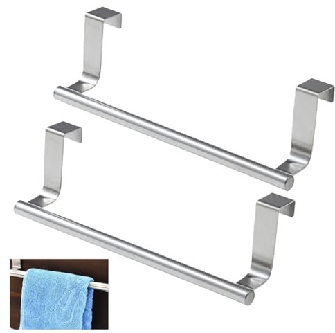 2 Stück Türhandtuchhalter Küche, 23.7cm Geschirrtuchhalter zum Hängen, Edelstahl Handtuchhalter mit Kratzfestem Streifen, Ohne Bohren Handtuch Halter für Küche, Bad, Schubladen, Schrank und Tür