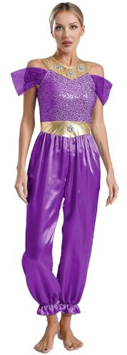 Aislor Damen Bauchtanz Kostüm Araber Prinzessin Kostüm Bauchtanz Kleid Pailletten Jumpsuit Schlaghose Karneval Fasching Cosplay Lila XXL