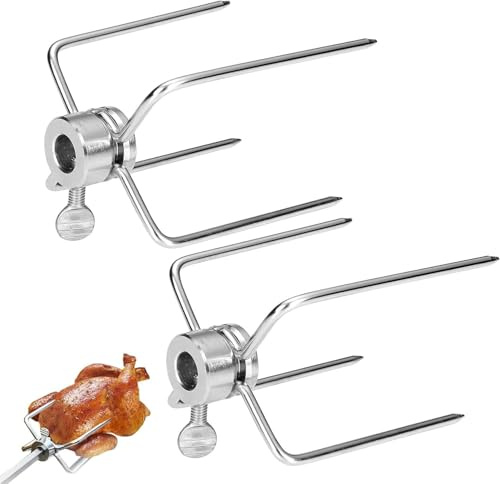 Fleischklammer,Fleischklammer für Drehspieß, Edelstahl BBQ Edelstahl Fleischnadeln, Hähnchengrill Grillgabel mit Feststellschraube, 2 Stück , Silver
