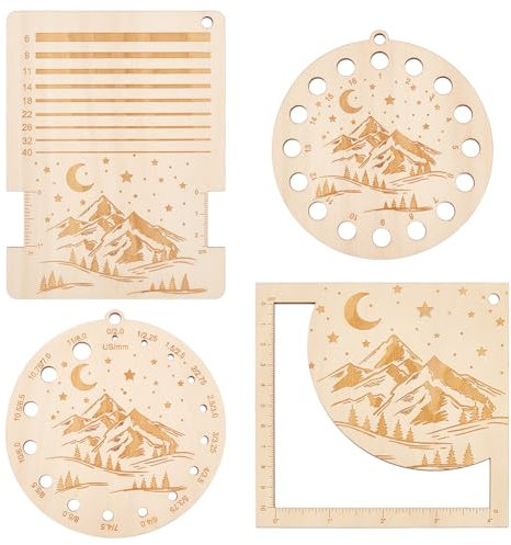 BENECREAT 4Pcs Holz stricken Gauge Lineal mit Sternen über Berge Muster, Stricken Nadel Gauge Messwerkzeug, Stickgarn Veranstalter Karte, multifunktionale Lineal für Crochet DIY Sewing