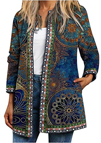 SYDUZAX Vestes Vintage Femme Style Ethnique Manteau Chic Imprimé Floral Grande Taille Bohème Casual Cardigan Long Doux Outwear Rétro Veste Femme Automne Hiver Vêtements Col Manteau Manches Longues