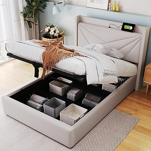 Ymkua Polsterbett Einzelbett 90x200 cm, Bett mit Stauraum und Lattenrost, Stauraumbett mit USB Typ C-Port Kopfteil, Jugendbett Hydraulisch Bettgestell mit Bettkasten, Leinen, Beige, Ohne Matratze