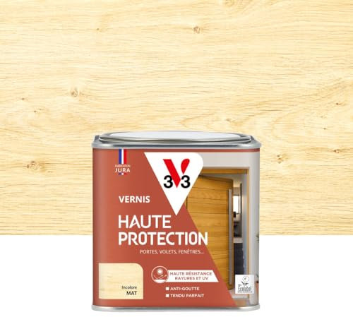 V33 Vernis bois extérieur Incolore mat - Haute Protection - Haute résistance rayures et UV - Anti-goutte et tendu bon - Ecolabel - 0,5L