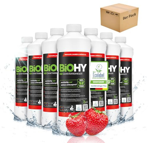 BiOHY Nettoyant et Détergent pour sanitaire Plus (9 x 1l Bouteille) | Détartrant concentré pour le domaine sanitaire | Laisse une agréable odeur fraîche (Sanitärreiniger Plus)
