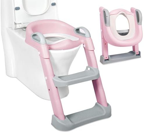 Potty Training Ladder Toilet Seat for Kids – Adjustable Step Ladder, Non-Slip, Safe, Comfortable, BPA-Free – Perfect Toddler Toilet Seat for Potty Training – Fits Most Standard Toilets (Pink)