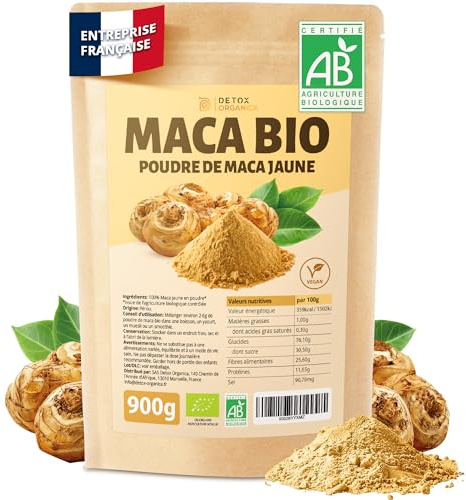 DETOX ORGANICA Maca Bio - 900g Poudre de Maca Jaune Bio - 100% Nature et Vegan - Racine du Pérou riche en Vitamines et Minéraux - Fertilité et Boost d'Energie - Qualité Premium