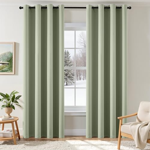 EMEMA Blickdicht Vorhänge mit Ösen 2er Set 140x225cm Salbei Grün Gardinen | Verdunklungsvorhänge mit Ösen 225CM Lang bdunkelnde Thermovorhang für Wohnzimmer Schlafzimmer Ösenvorhänge H225xB140CM