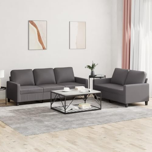 Homgoday 2-TLG. Sofagarnitur mit Kissen Grau Kunstleder Loungesofa Designsofa Wohnzimmersofa Gästesofa Sofa Couch Sitzmöbel für Wohnzimmer Empfang Büro