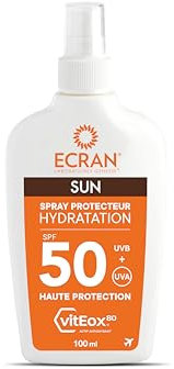 ECRAN® - Spray Protecteur Hydratant - Haute Protection - Technologie vitEox80 - Vitamine E - Protection UVA, UVB, Coups de Soleil - Protection Solaire SPF 50 - Bronzage naturel - Format Voyage