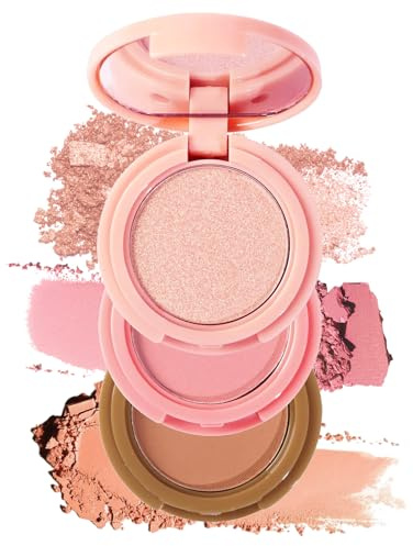Tavolozza 3 in 1 per contouring, illuminante e fard con specchio, palette per trucco in polvere opaca e brillante, sfumabile, adatta ai viaggi e cruelty free