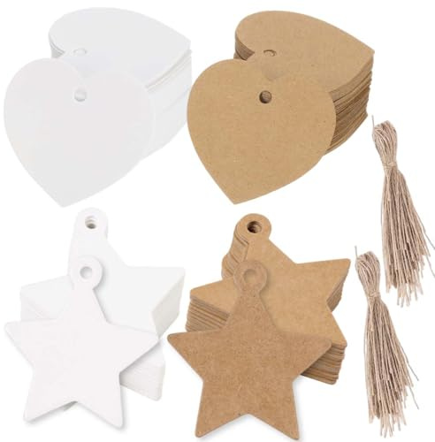 Bigliettini Bomboniere,100 pcs etichette da regalo a forma di cuore Stella, in carta,con cordino, a forma di cuore Stella, in carta kraft, per San Valentino, feste, compleanni, Natale