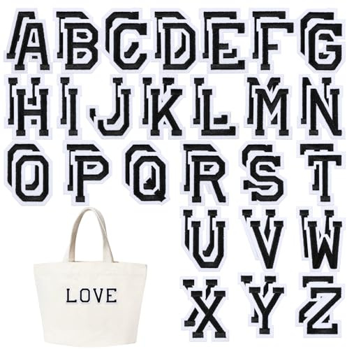 52 Stück Buchstaben zum Aufbügeln, Buchstaben Aufbügeln Alphabet A-Z Bügelbuchstaben für Textilien Aufbügel Patches mit aufgebügeltem Kleber für Jacken, Mäntel, Hemden, Hüte, Taschen, Jeans (Schwarz)