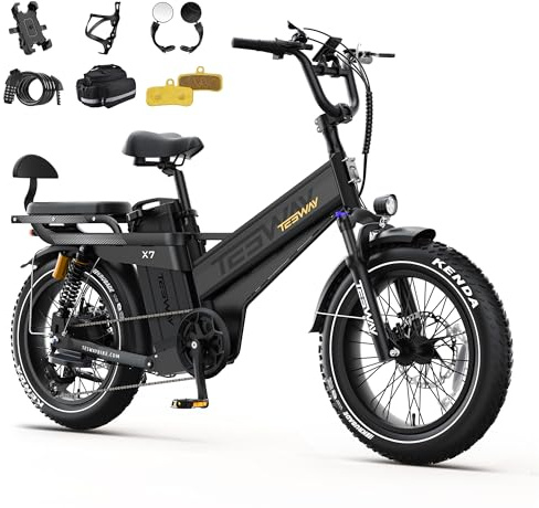 TESWAY Dual Motor Electric Bike X7AWD, 52V 60AH 320KM Long Range Ebike, 4-Piston Hydraulic Brakes & Full Suspension, 20 Fat Tire E Bike，250W，25KM/H