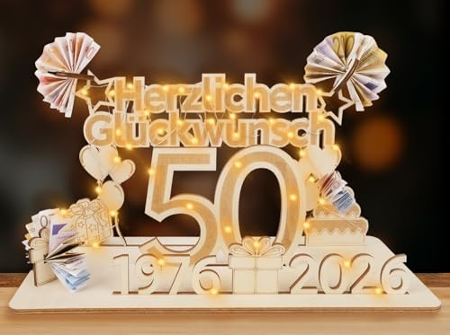 ARTREE 50 Geldgeschenke Geburtstag Frau Mann, 2026 Holz Schild Gästebuch mit LED Lichterkette, Personalisiertes Geschenke zum 50 Geburtstagszahlen, Goldene Hochzeit Jubiläum Tischdeko