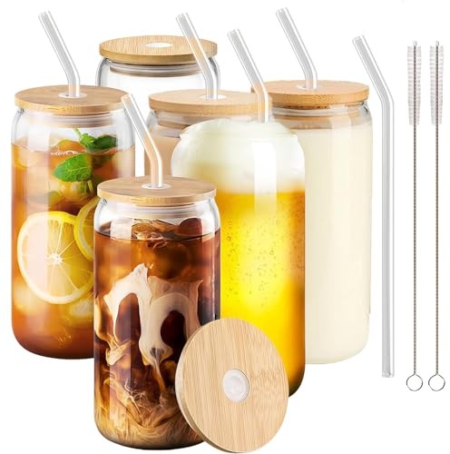 MEETOZ 6 Set 500ml Finew Glass Cups with Bamboo Lids and Glass Straws | Reusable Can Shaped Glass Cups Set,for Smoothies, Beer, Cola, Juice, Soda