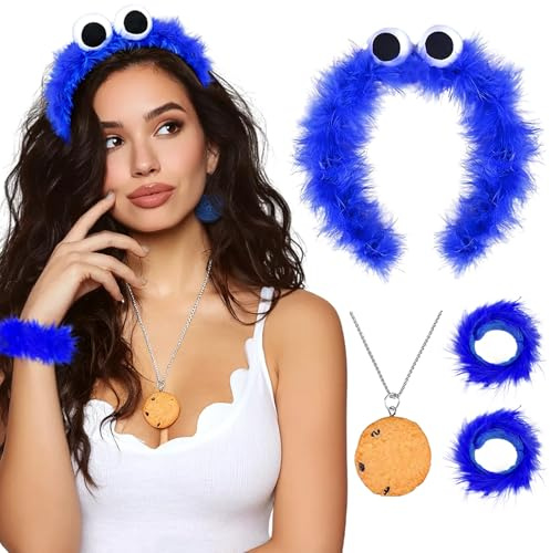 Krümelmonster Kostüm Damen Kinder 4 pcs, Krümelmonster Haarreif Blau, Cookie Halskette Feather Schnapparmband, Karneval Krümelmonster Kostüm Accessories für Fasching Mottoparty Cosplay Halloween