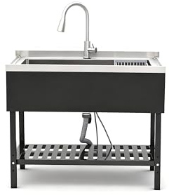 Free Standing Watersink 40 Kitchen Utility Sink, Commercial Stainless Steel tank, Black Metal Stand with Storage Shelf, Chrome Pull-Down Faucet