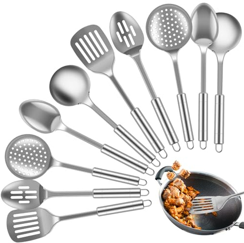 Goshoppers 10-teiliges Edelstahl Kochlöffel Set，Kochutensilien Set Mit Pfannenwender,Suppenkelle,Schlitzspatel,Nudelsieb,Dichtlöffel,Küchenutensilien für Wohnungs Küche Kochen Zubehör