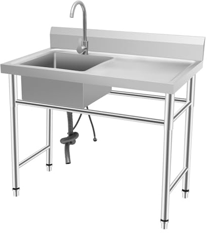 Évier de cuisine en acier inoxydable - 100 x 60 x 93 cm - Avec meuble bas - Évier commercial avec robinet - Pour extérieur, restaurant, bar