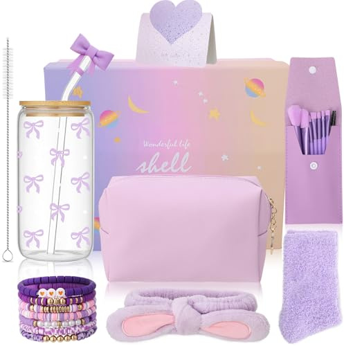 saerryor Gifts for Girls Teenage 9-14, Birthday Gifts for Girls Purple | Glass Cup with Lid and Straw,Makeup Brushes Cosmetic Bag Bracelets Socks Headband,Bow Coffee Cup Presents