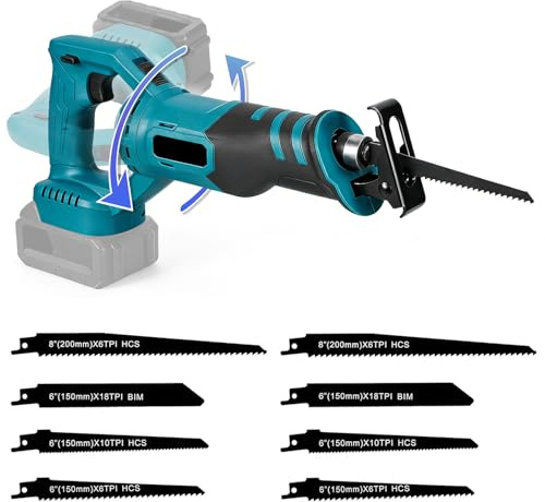 Sierra Alternativa Portátil, Motor Sin Escobillas, Compatible con Makita Baterías, Cabezal Giratorio de 180°, Herramienta de Sierra Alternativa con 4 Hojas de Sierra, para Cortar Madera y Metal