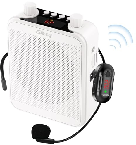 Amplificador de Voz Portátil con Micrófono Inalámbrico UHF, Batería de 2800mAh, ReproductorTF/USB, Radio FM y Grabador para Profesores, Tours y Eventos(Blanco)
