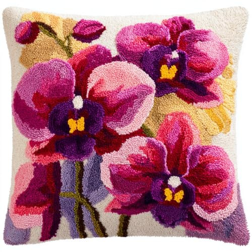 AMBATTERY DIY Knüpfkissen Zum Selber Knüpfen Orchideenblüten Knüpfhaken-Set,3D-Kissen,knüpfset,Knüpfen Kissen Set,Knüpfkissen-set,Kissen-Stickset,43x43cm